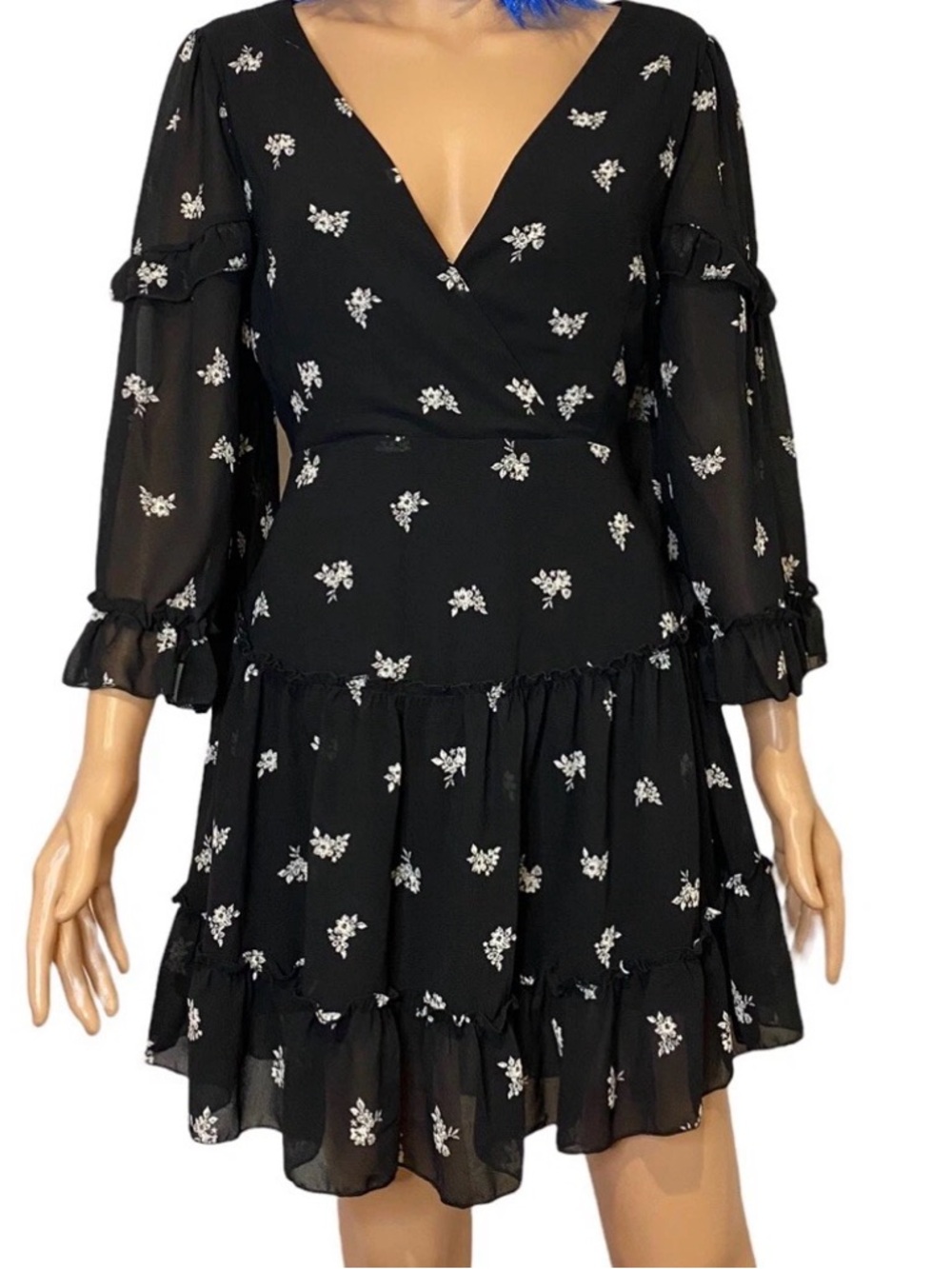 Black Floral V-Neck Ruffle Mini Dress